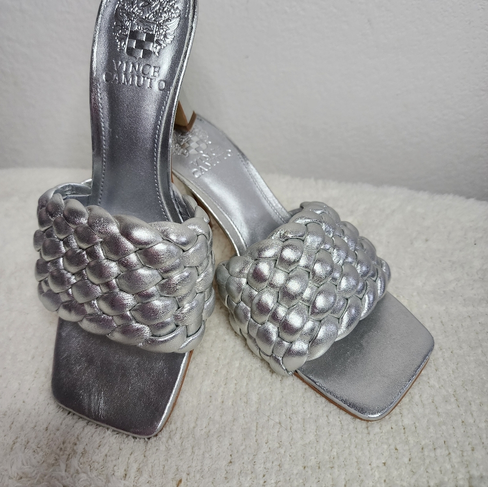 Vince Camuto Metalic Silver Braided Leather Heeled Sandals Size 6.5US NWOT